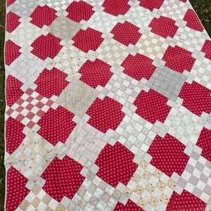 Antique Patchwork Red Calico Quilt Blanket 1800s Distressed